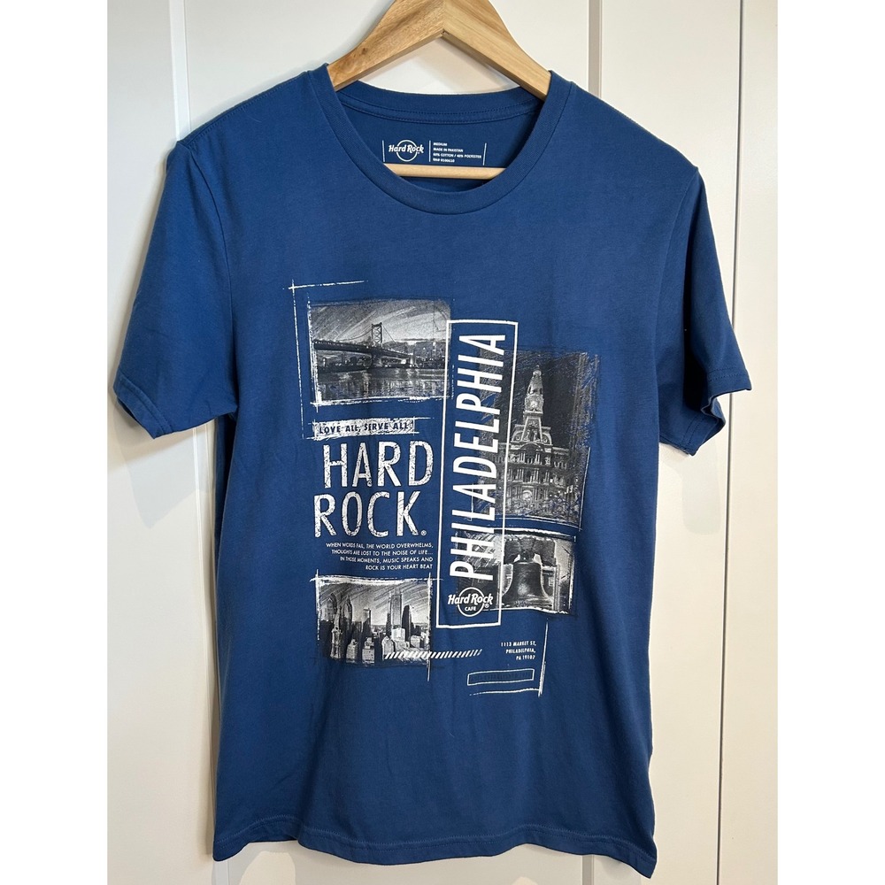 Hard Rock Cafe Philadelphia Blue Graphic Tee Mens Medium Liberty Bell Souvenir